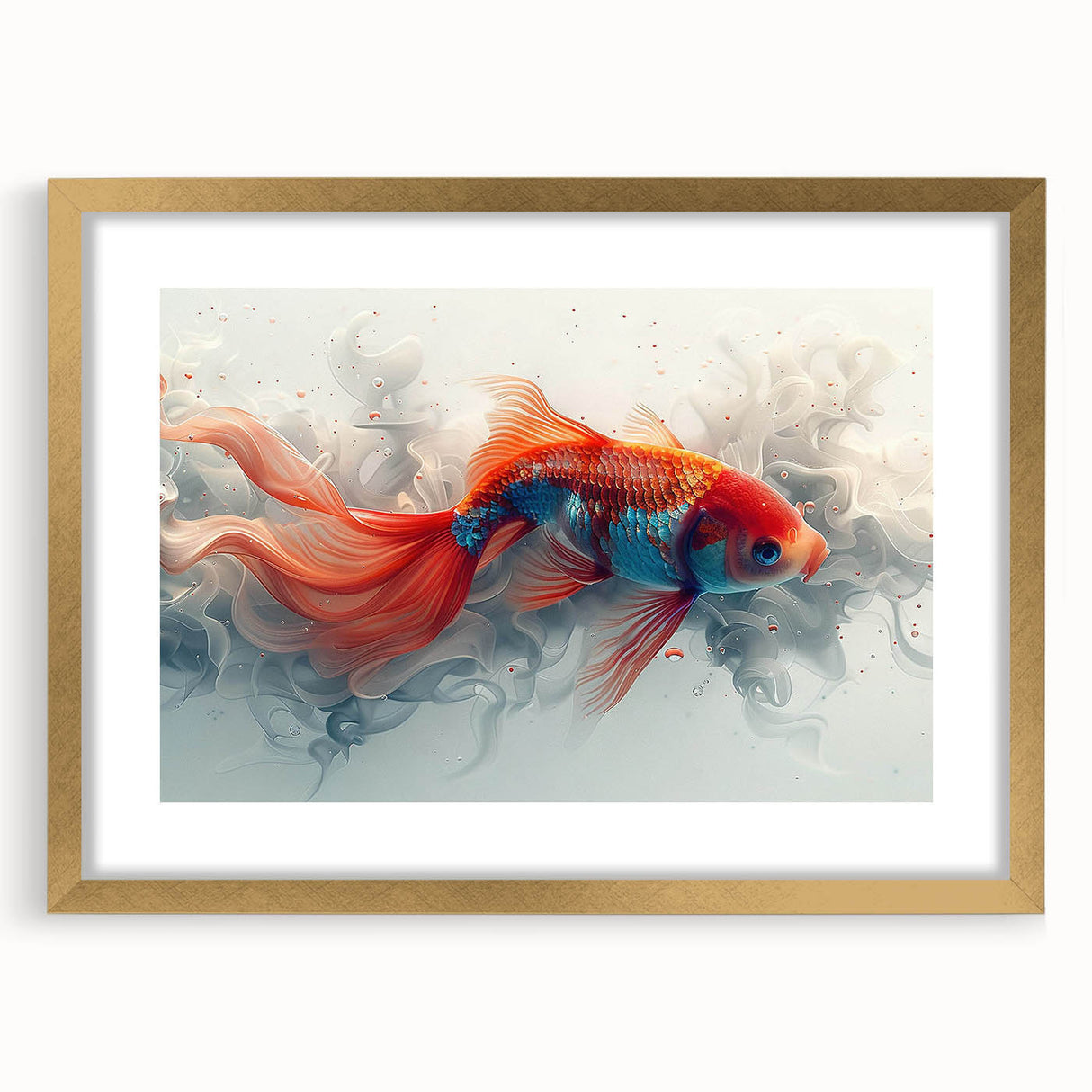 Elegant marine life wall art framed with a gold mat, showcasing vibrant fish designs. Ideal for ocean-themed decor, enhancing any living space with a touch of aquatic beauty.