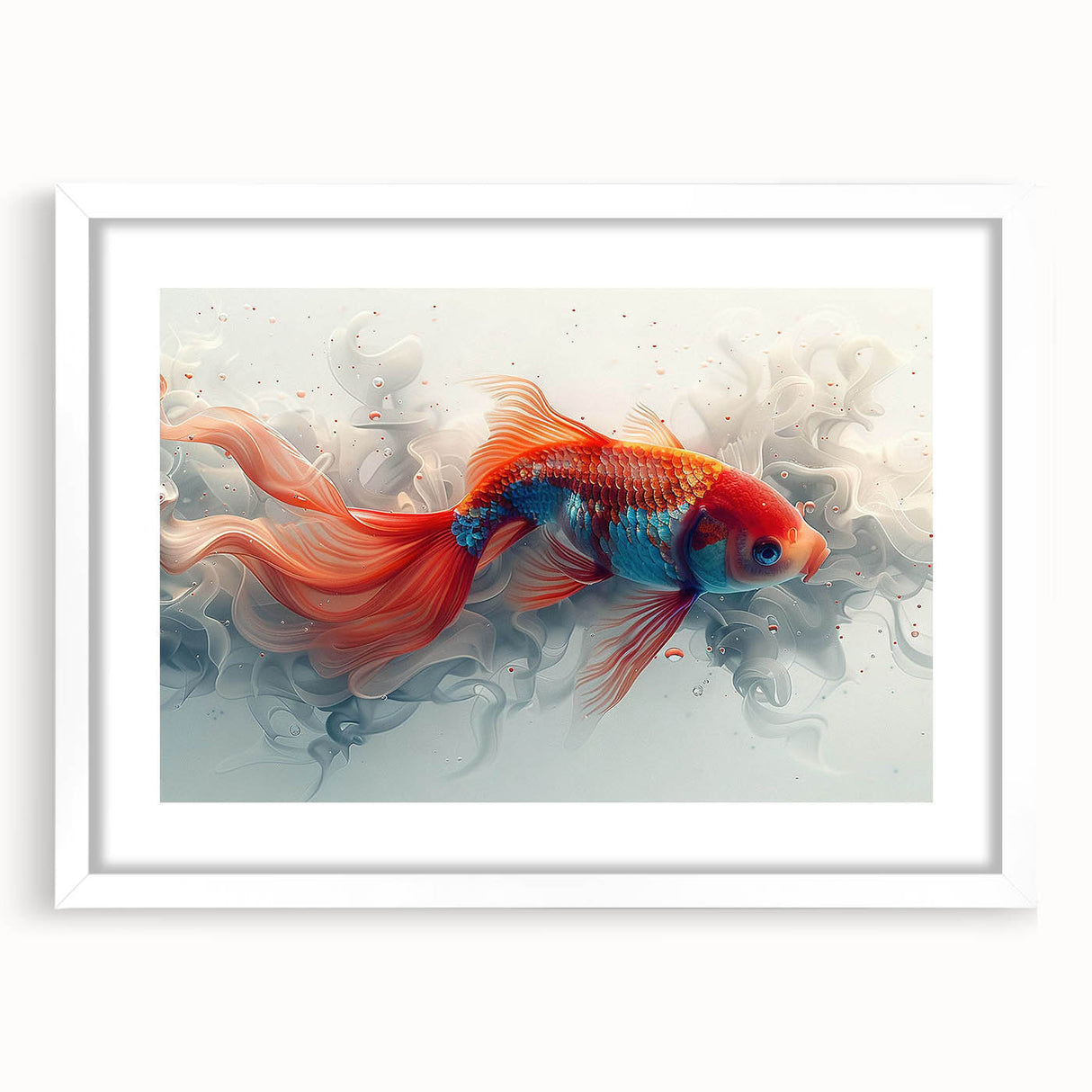 Framed wall art showcasing a vibrant marine life fish design in shades of blue and green, featuring a white mat for a stylish finish, ideal for ocean-themed decor.