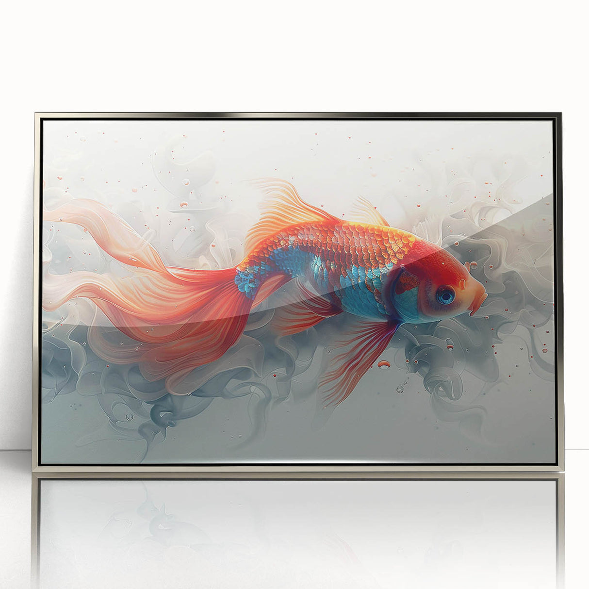 Framed acrylic wall art showcasing a vibrant marine life fish design, featuring colorful aquatic species against a sleek silver background, ideal for ocean-themed decor.