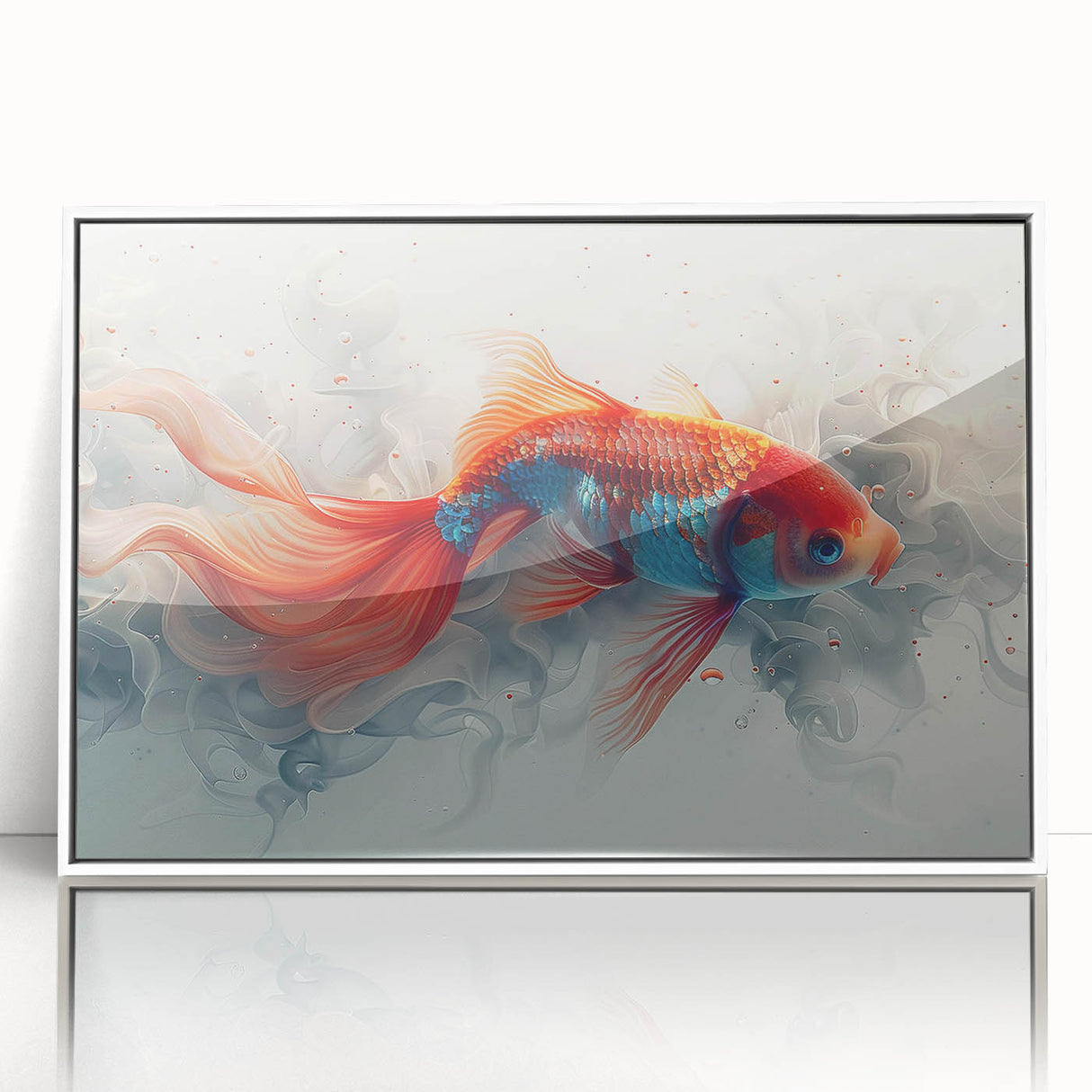 Framed wall art featuring a vibrant marine life fish design in acrylic, showcasing colorful ocean species against a white background, ideal for aquatic-themed decor.