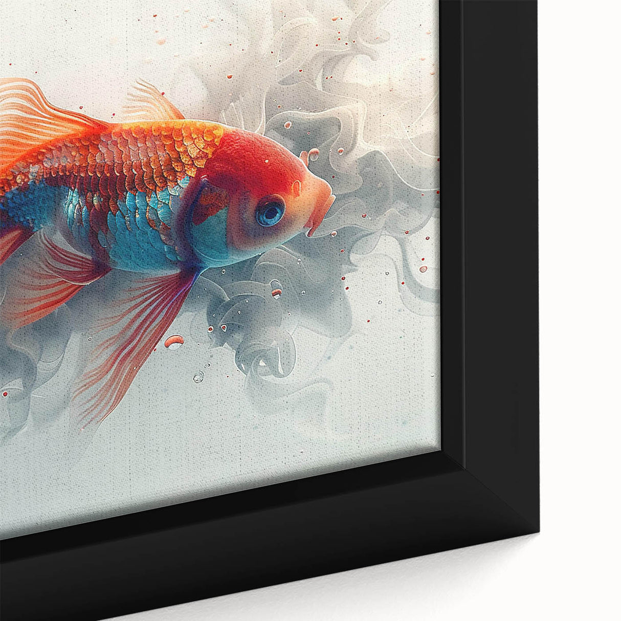 Close-up of a framed canvas wall art piece depicting vibrant marine life, showcasing colorful fish against a blue background, perfect for ocean-themed decor.