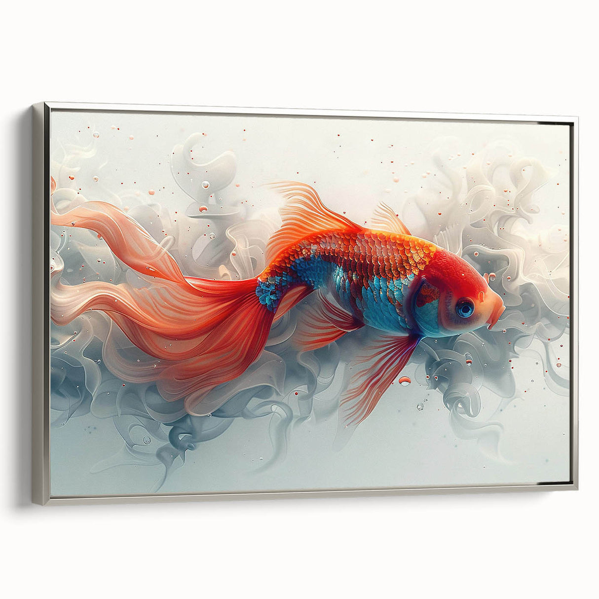 Framed wall art featuring a vibrant marine life fish design, showcasing colorful aquatic creatures on a canvas with a sleek silver frame, perfect for ocean-themed decor.
