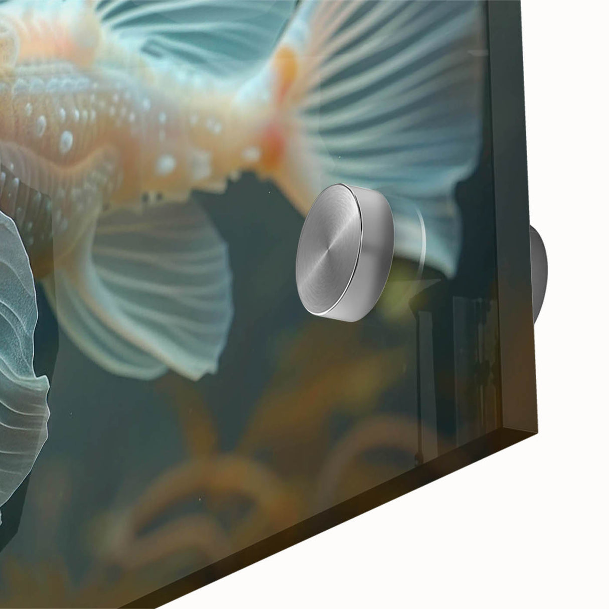 Close-up of vibrant marine life wall art design showcasing colorful fish and aquatic plants, printed on acrylic glass for a striking home decor statement.