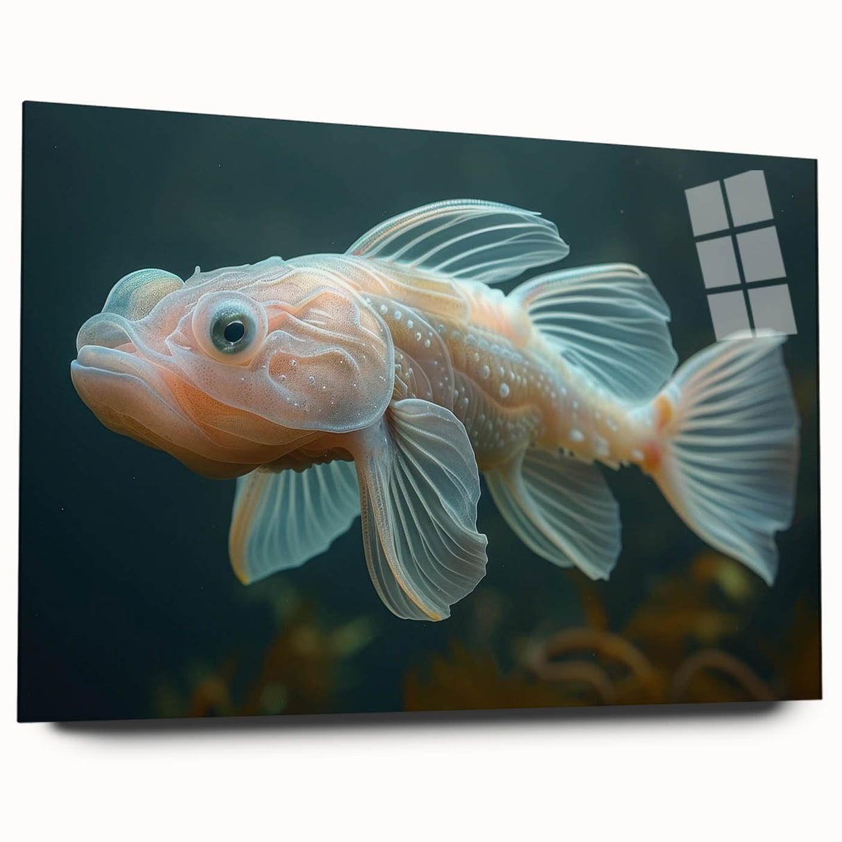 Side view of a vibrant acrylic wall art piece featuring a marine life fish design, showcasing intricate details and vivid colors, perfect for ocean-themed decor.