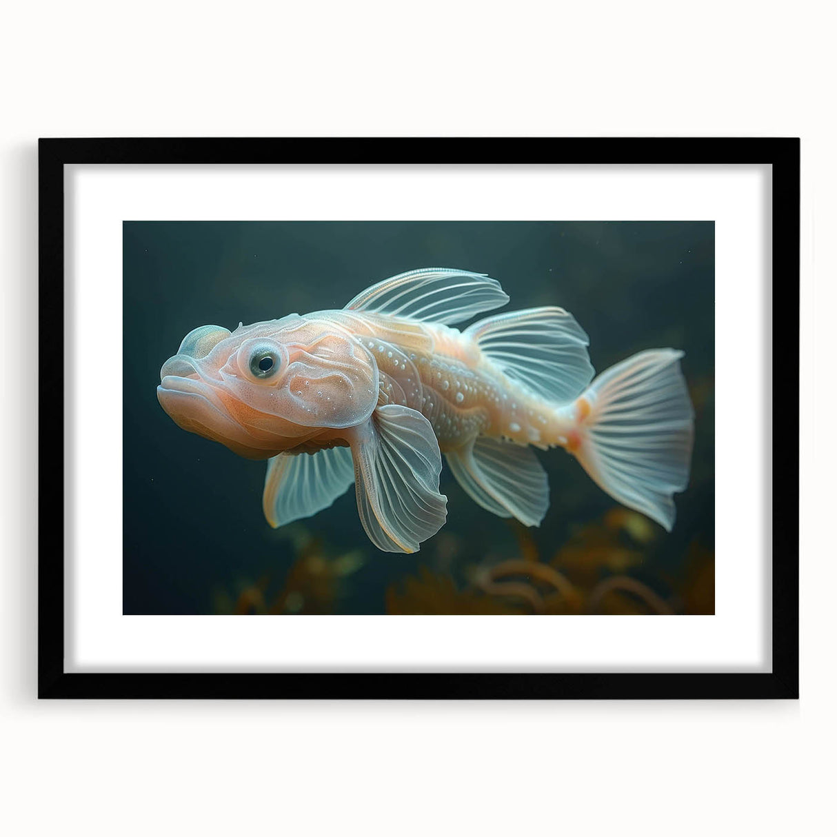 Framed wall art featuring a vibrant marine life fish design in bold colors, showcased with a black mat and frame, perfect for ocean-themed decor.