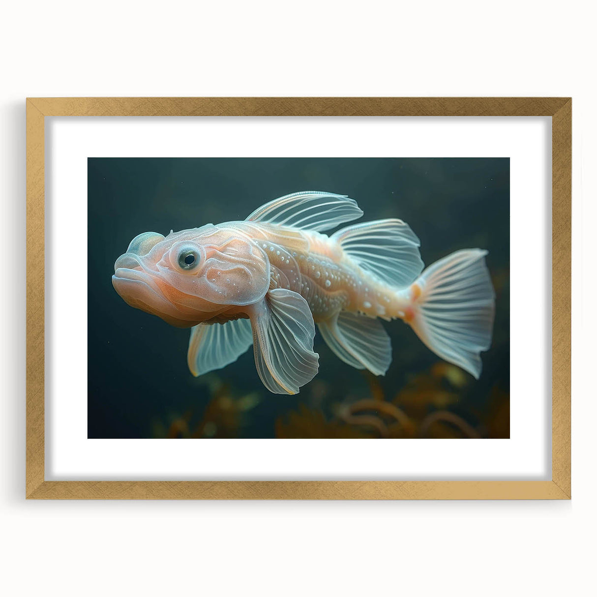 Gold-framed wall art featuring a vibrant marine life fish design, showcasing colorful aquatic species against a textured background, ideal for ocean-themed decor.