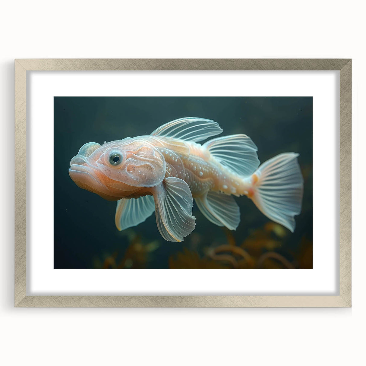 Framed wall art collection showcasing a vibrant marine life fish design, featuring a silver mat and frame, perfect for ocean-themed home decor.