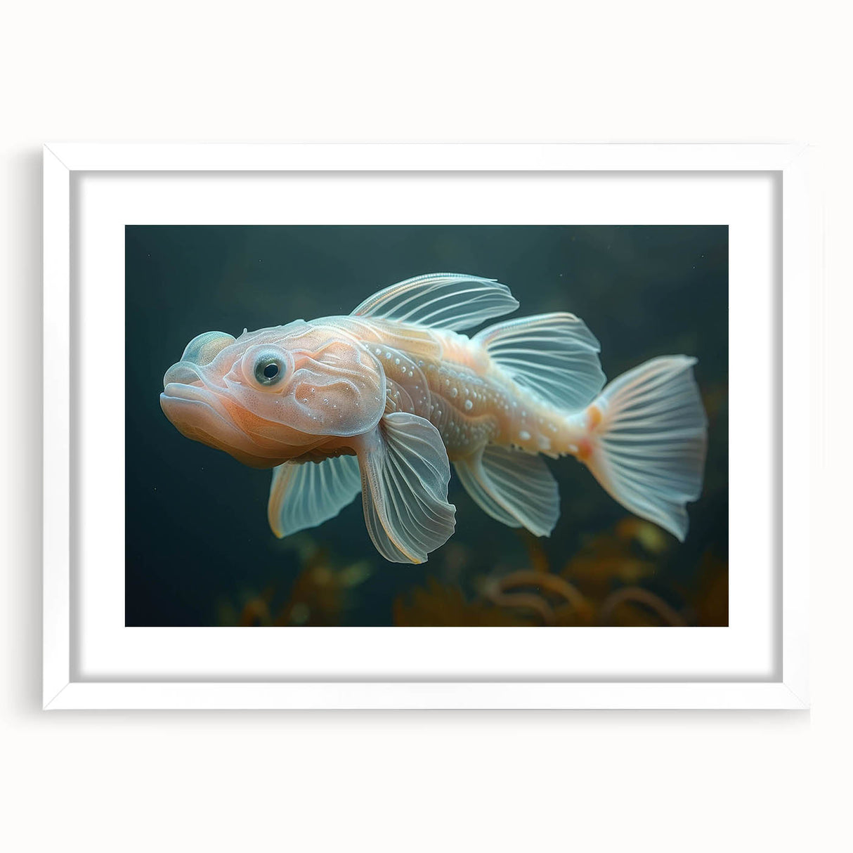 Stylish wall art frame showcasing a vibrant marine life fish design, featuring a white mat for a polished look. Perfect for ocean-themed decor in homes or offices.
