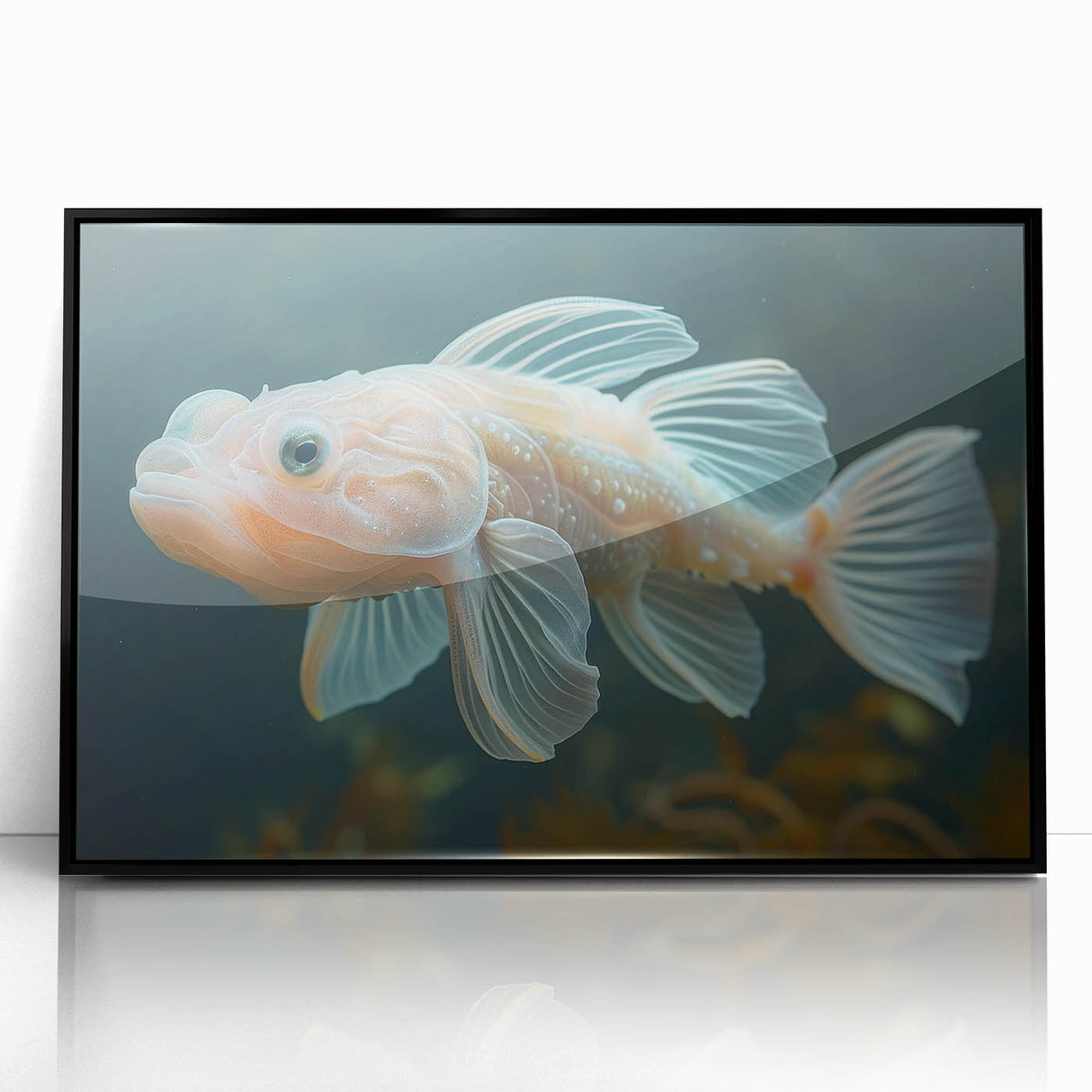 Framed wall art featuring a vibrant marine life fish design in bold colors, set against a sleek black frame, perfect for ocean-themed decor. Ideal for enhancing home or office aesthetics.