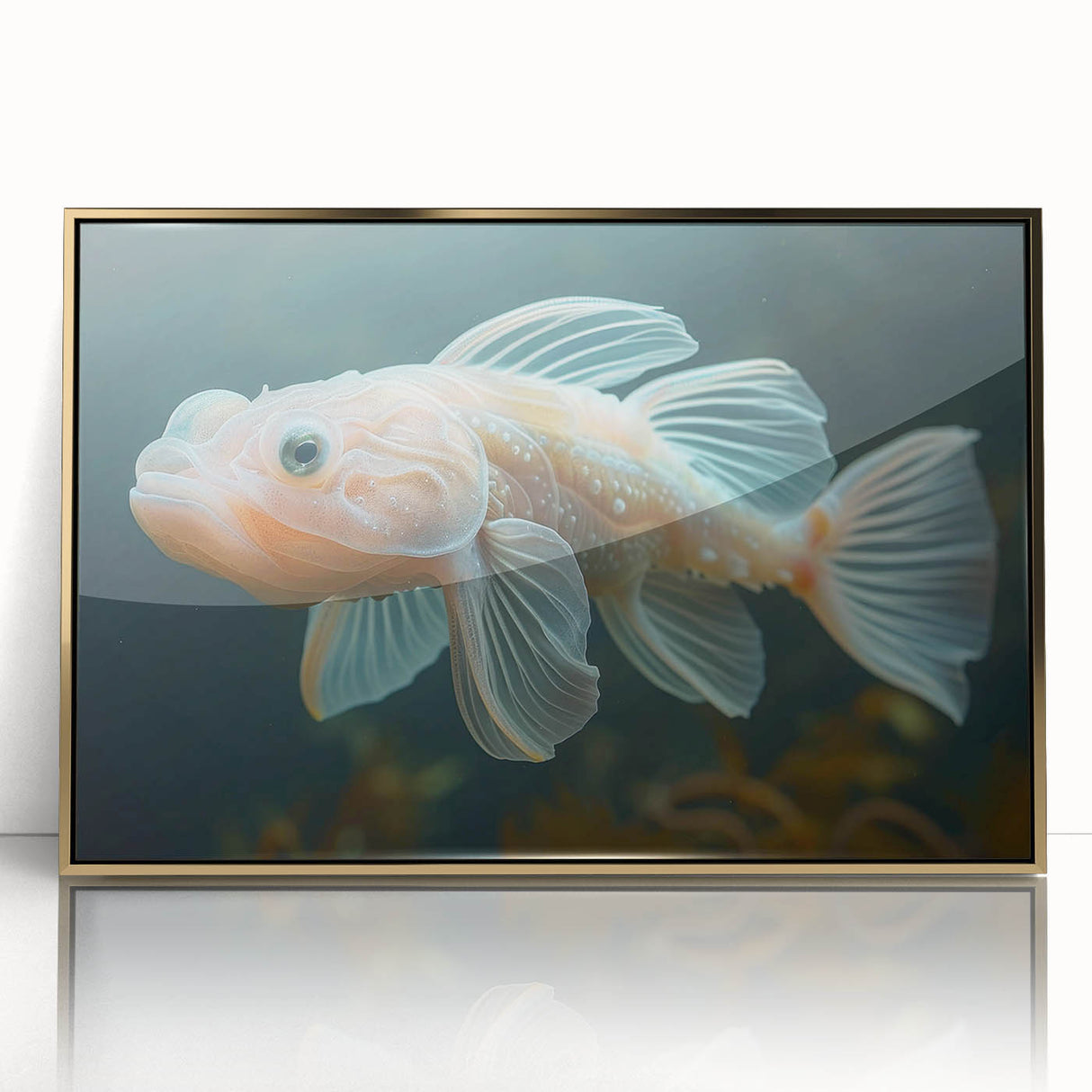 Framed acrylic wall art showcasing a vibrant marine life fish design in gold, perfect for aquatic-themed decor. Ideal for adding a touch of elegance to any space.