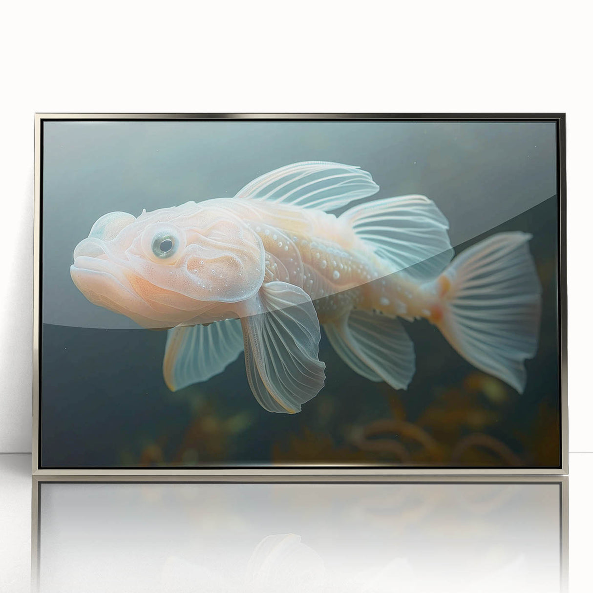 Framed wall art showcasing a vibrant marine life fish design in silver acrylic, perfect for enhancing coastal-themed decor. Ideal for nature lovers.