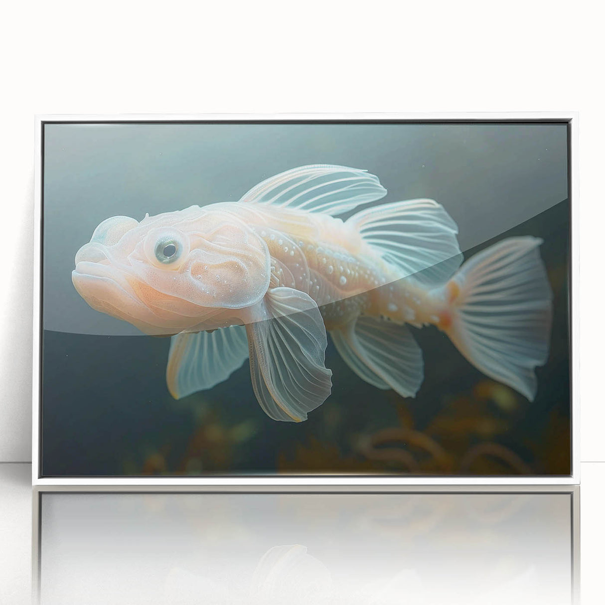 Framed acrylic wall art featuring a vibrant marine life fish design in a white frame, showcasing colorful aquatic elements perfect for ocean-themed decor.