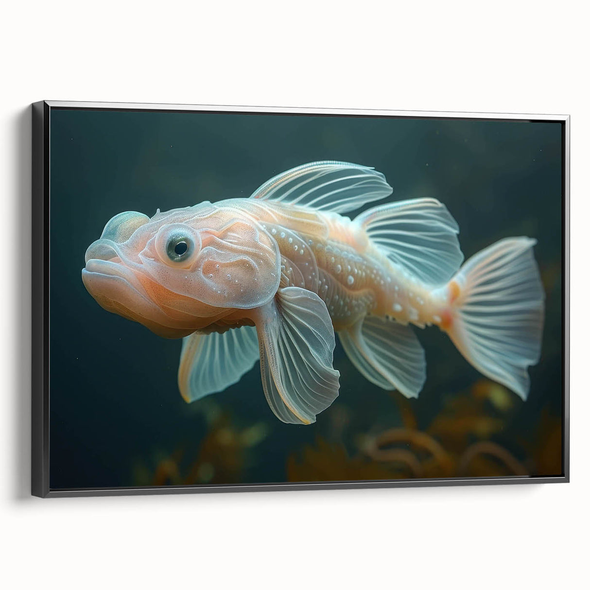 Framed canvas wall art showcasing a vibrant marine life fish design, featuring a black frame and a side view that highlights its depth and detail. Perfect for ocean-themed decor.