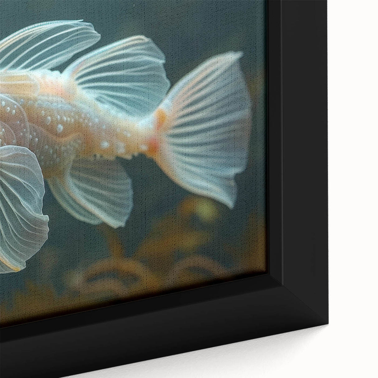 Close-up of a framed canvas wall art piece showcasing vibrant marine life fish design, featuring intricate details in blue and orange hues, ideal for ocean-themed decor.