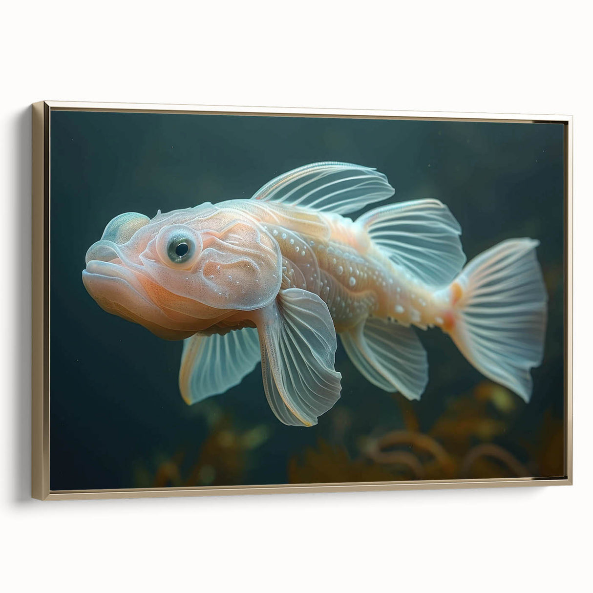 Framed canvas wall art showcasing a vibrant marine life fish design with intricate details and gold accents, ideal for enhancing coastal-themed decor.