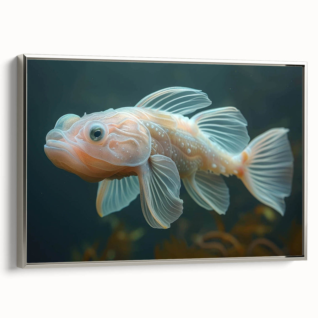 Framed canvas wall art showcasing a vibrant marine life fish design in silver, featuring intricate details and a sleek side view, perfect for ocean-themed decor.