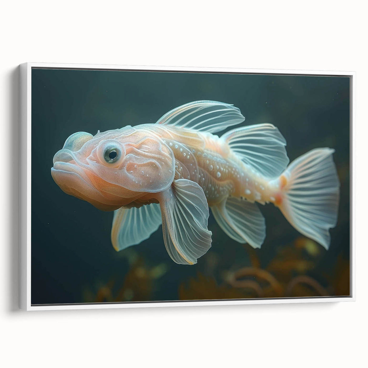 Framed canvas wall art showcasing a vibrant marine life fish design in a white frame, viewed from the side, perfect for ocean-themed decor.
