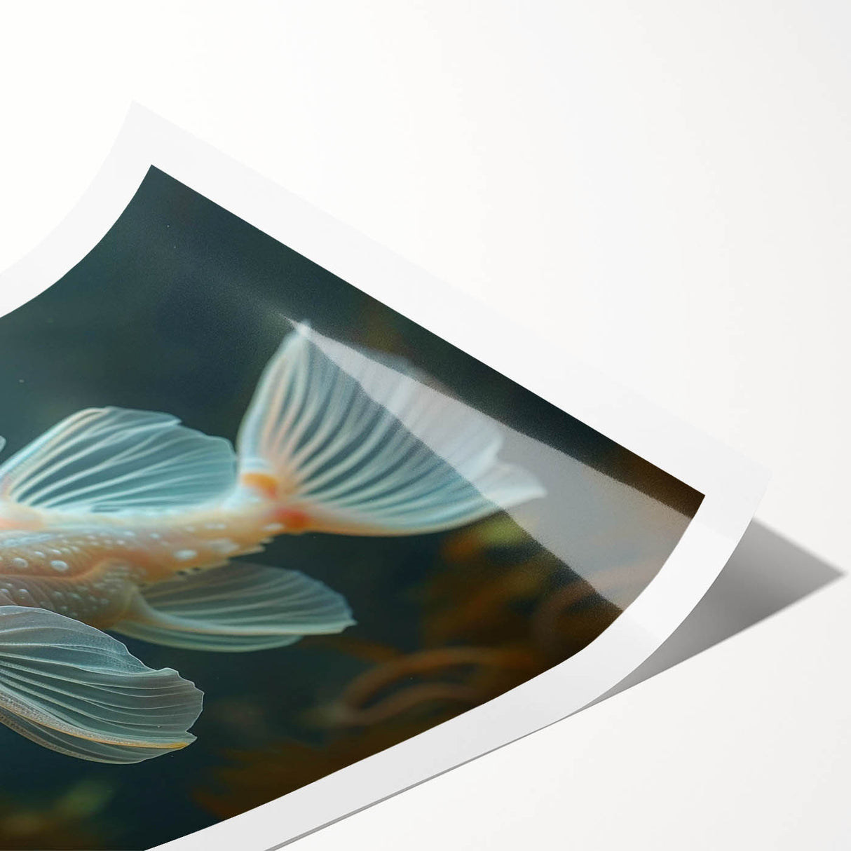 Vibrant marine life wall art print showcasing colorful tropical fish and coral, rolled for easy display, perfect for ocean-themed decor enthusiasts.