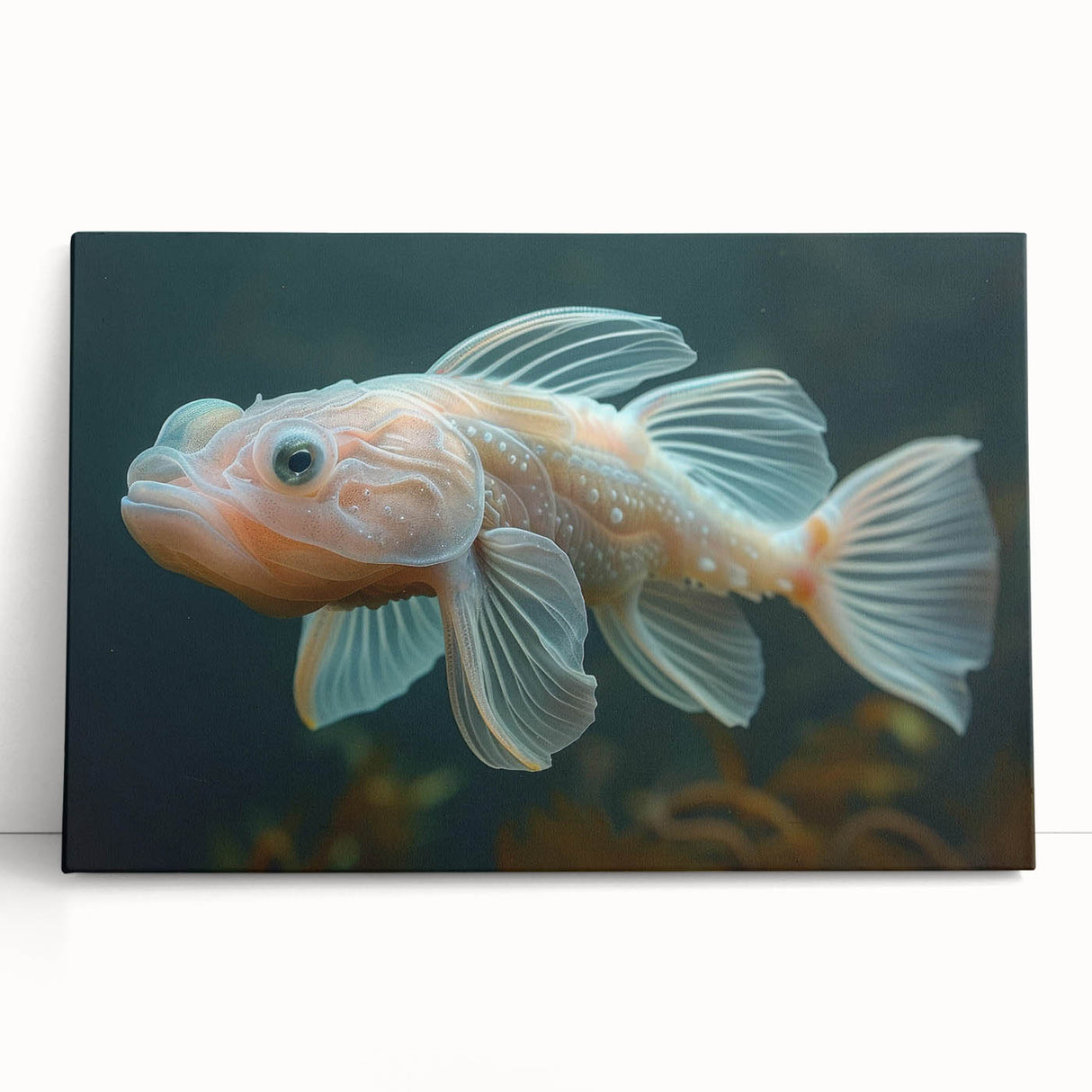 Vibrant stretched canvas wall art depicting marine life with colorful fish designs, ideal for ocean-themed decor, showcasing intricate details and fluid movements.