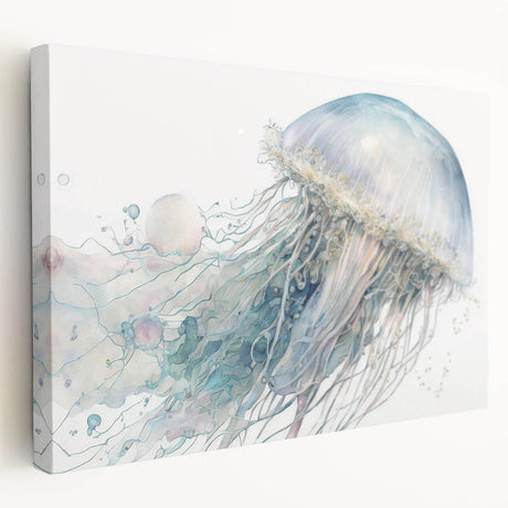 Stretched canvas artwork showcasing a vibrant jellyfish design, featuring intricate details and fluid colors, ideal for marine-themed decor or ocean lovers' collections.