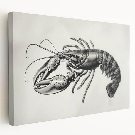 Side view of a vibrant stretched canvas wall art featuring a detailed lobster design, showcasing vivid colors and intricate patterns, perfect for marine life enthusiasts.