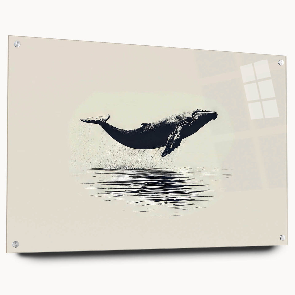 Acrylic wall art showcasing a vibrant orca design from the Marine Life collection, displayed in a side view with decorative pins, perfect for ocean-themed decor.