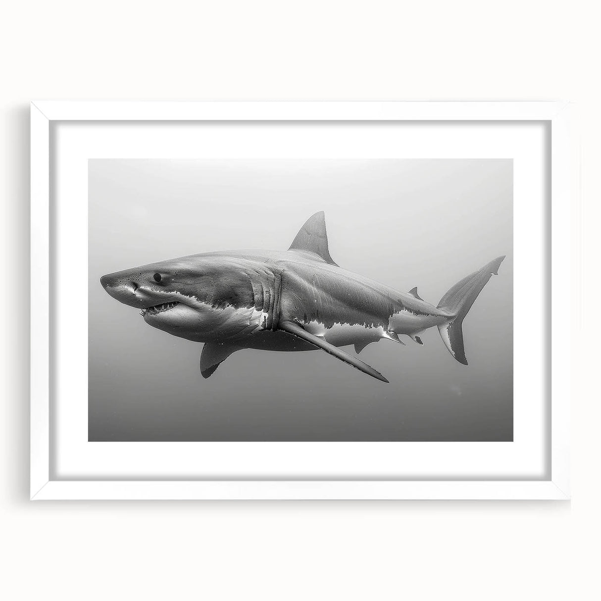 Framed wall art featuring a striking shark design in shades of blue and gray, complemented by a white mat, perfect for marine life enthusiasts and ocean-themed decor.