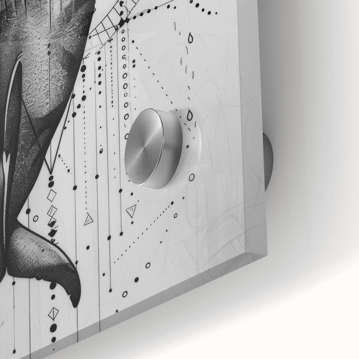 Close-up of a vibrant marine life wall art design showcasing a majestic whale, printed on acrylic glass, highlighting intricate details and oceanic colors.