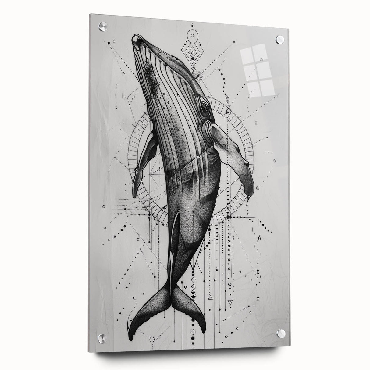 Side view of a whale-themed wall art piece made from acrylic glass, showcasing intricate marine life design details with visible mounting pins, perfect for ocean-themed decor.