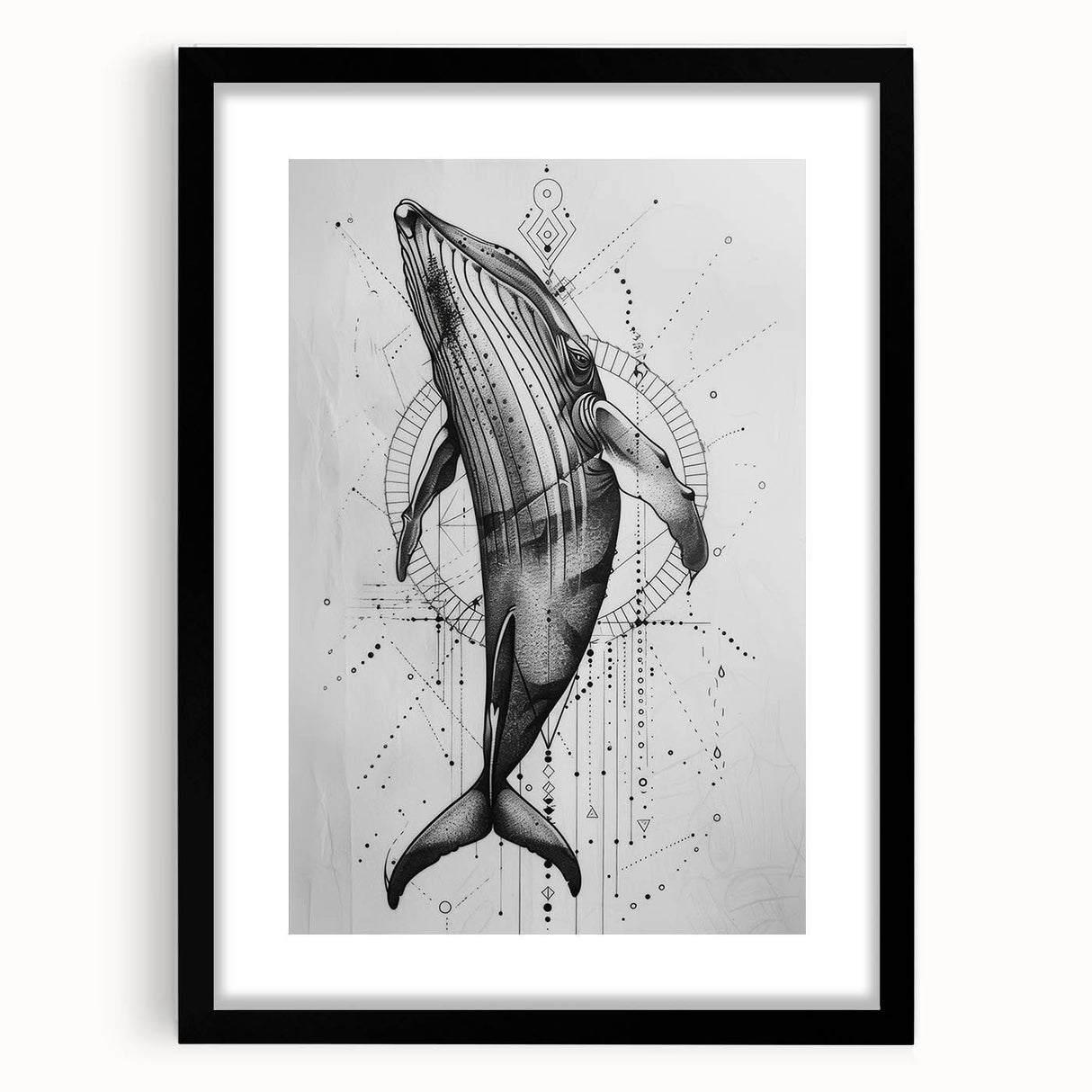 Framed wall art featuring a stunning marine life design showcasing a majestic whale, set against a black background, ideal for ocean-themed decor.