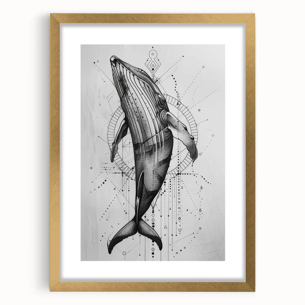 Elegant gold-framed wall art featuring a striking marine life design, showcasing a majestic whale in vibrant colors, ideal for ocean-themed decor.