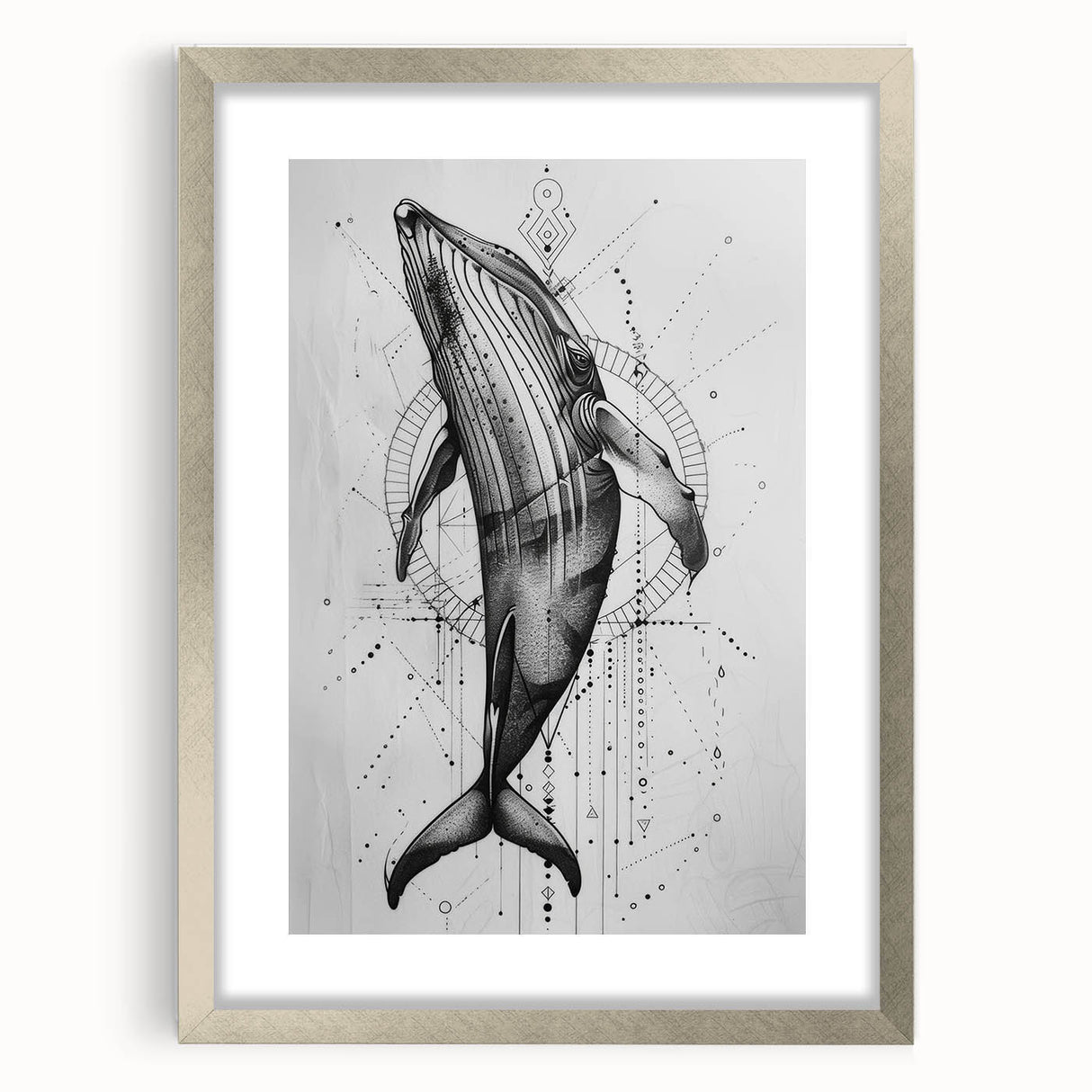 Framed wall art featuring a striking marine life design showcasing a whale, presented in a silver frame with a mat, ideal for ocean-themed decor.