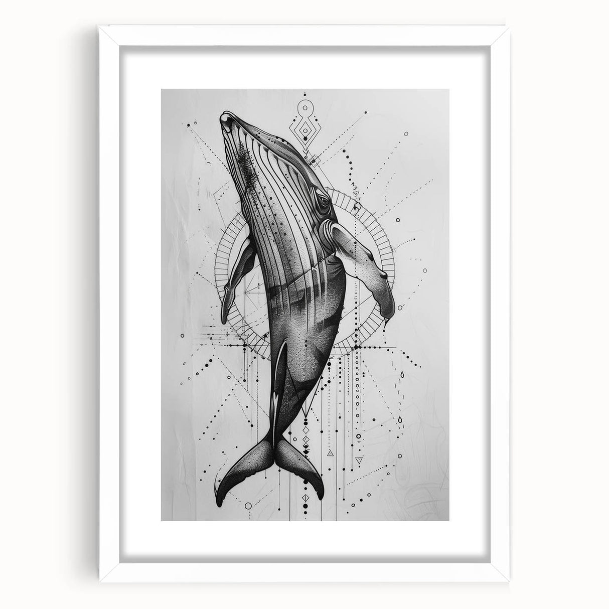 Framed wall art featuring a striking marine life design of a whale, set against a white background with a mat. Ideal for ocean-themed decor or nature enthusiasts.