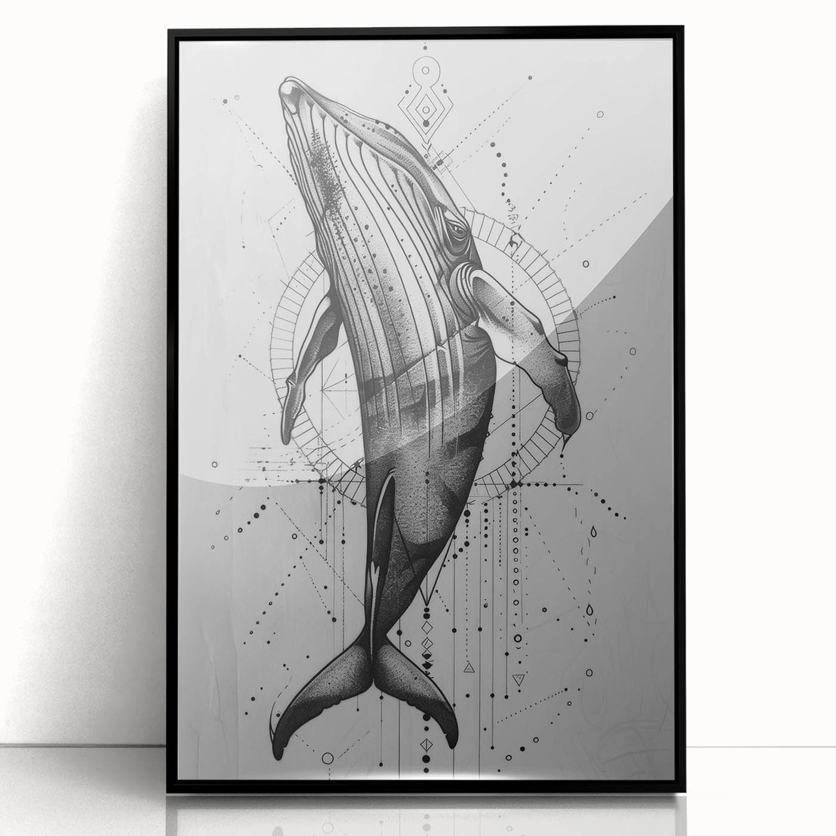 Framed wall art featuring a detailed design of a whale in a marine life theme, showcasing vibrant colors on a sleek black frame, ideal for ocean enthusiasts.