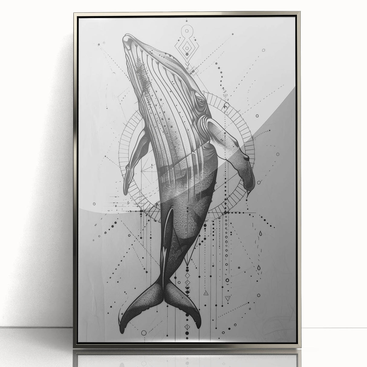 Framed acrylic wall art showcasing a stunning marine life design featuring a whale, presented in a sleek silver frame with a modern aesthetic. Ideal for ocean-themed decor.