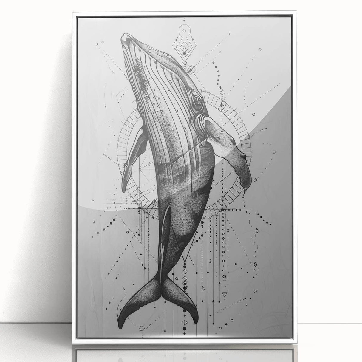 Framed wall art featuring a striking marine life design depicting a whale, set against a white background, showcasing vibrant colors and intricate details. Perfect for ocean-themed decor.