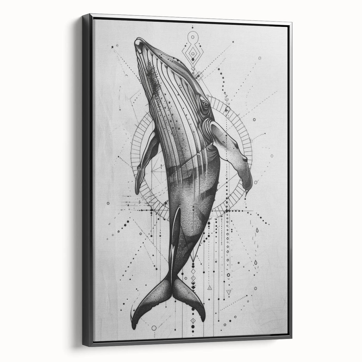 Framed wall art showcasing a detailed whale design with vibrant marine life elements against a deep black background, perfect for ocean-themed decor.