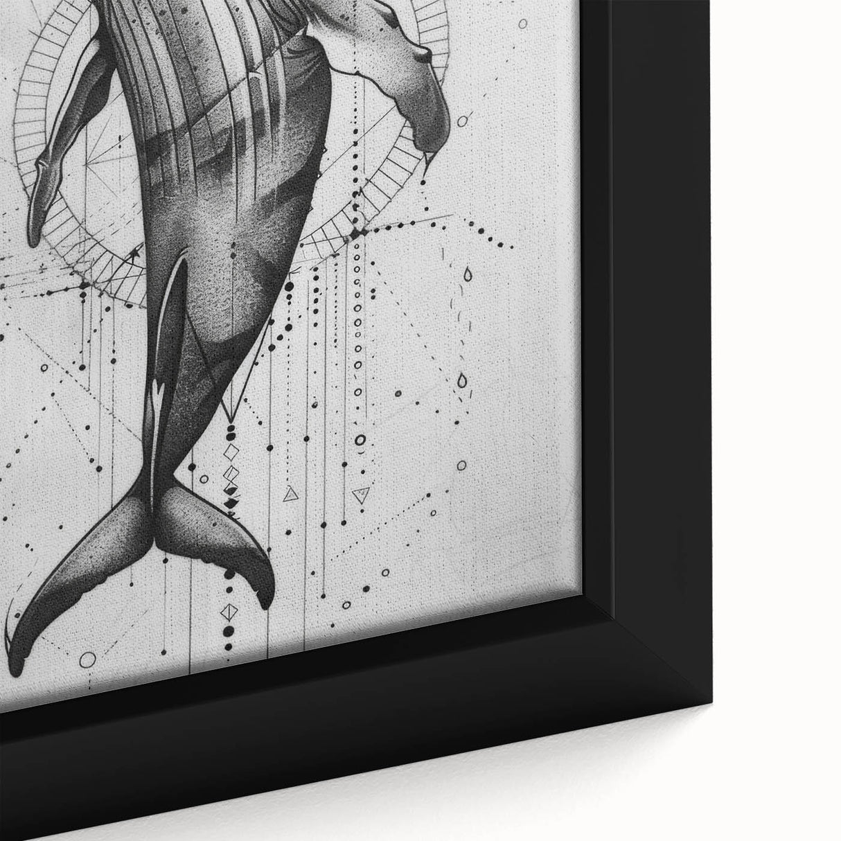 Close-up of a framed canvas art piece featuring a vibrant blue whale design, showcasing intricate details and textures, perfect for marine life enthusiasts and home decor.