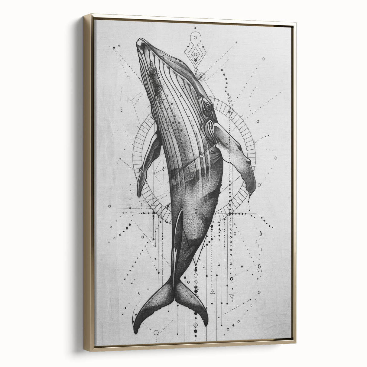 Framed wall art featuring a side view of a beautifully designed marine life whale, showcasing intricate details and vibrant colors, perfect for ocean-themed decor.