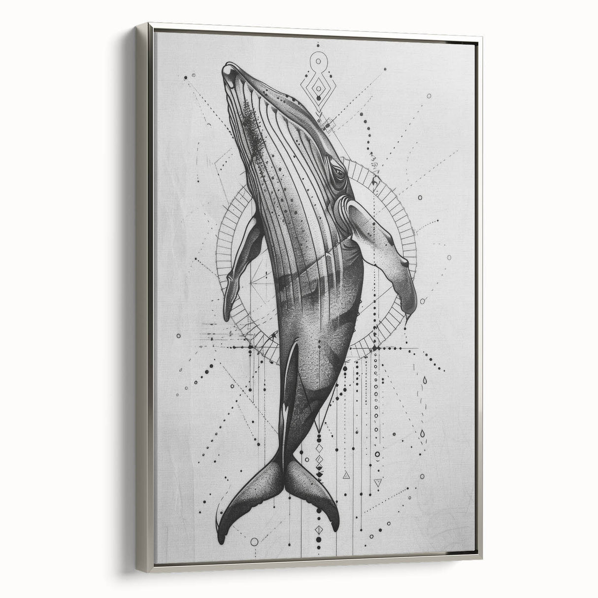 Framed wall art featuring a silver side view of a majestic whale design, capturing intricate marine life details on a canvas, perfect for ocean-themed decor.
