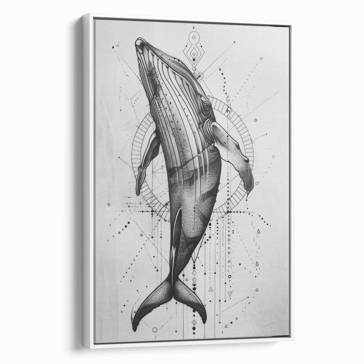 Framed canvas wall art featuring a majestic whale design, showcasing vibrant colors and intricate details, set against a white background for a striking visual impact. Perfect for marine life enthusiasts and coastal decor lovers.