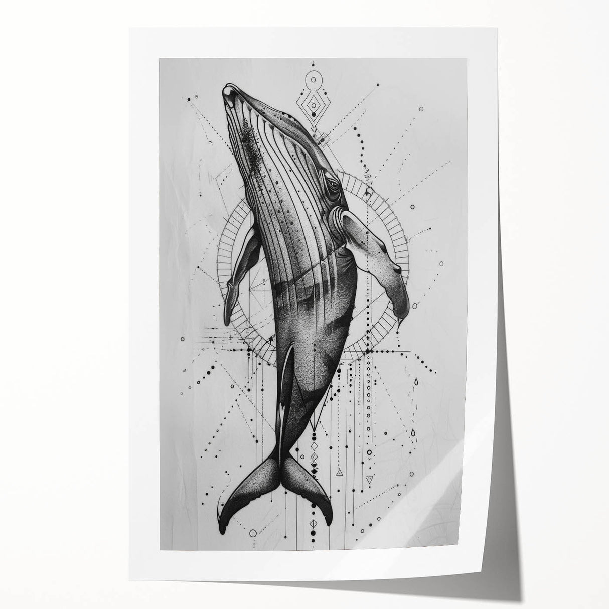 Whale-themed wall art print showcasing vibrant marine life colors, featuring a detailed illustration of a whale, perfect for ocean lovers and home decor enthusiasts.
