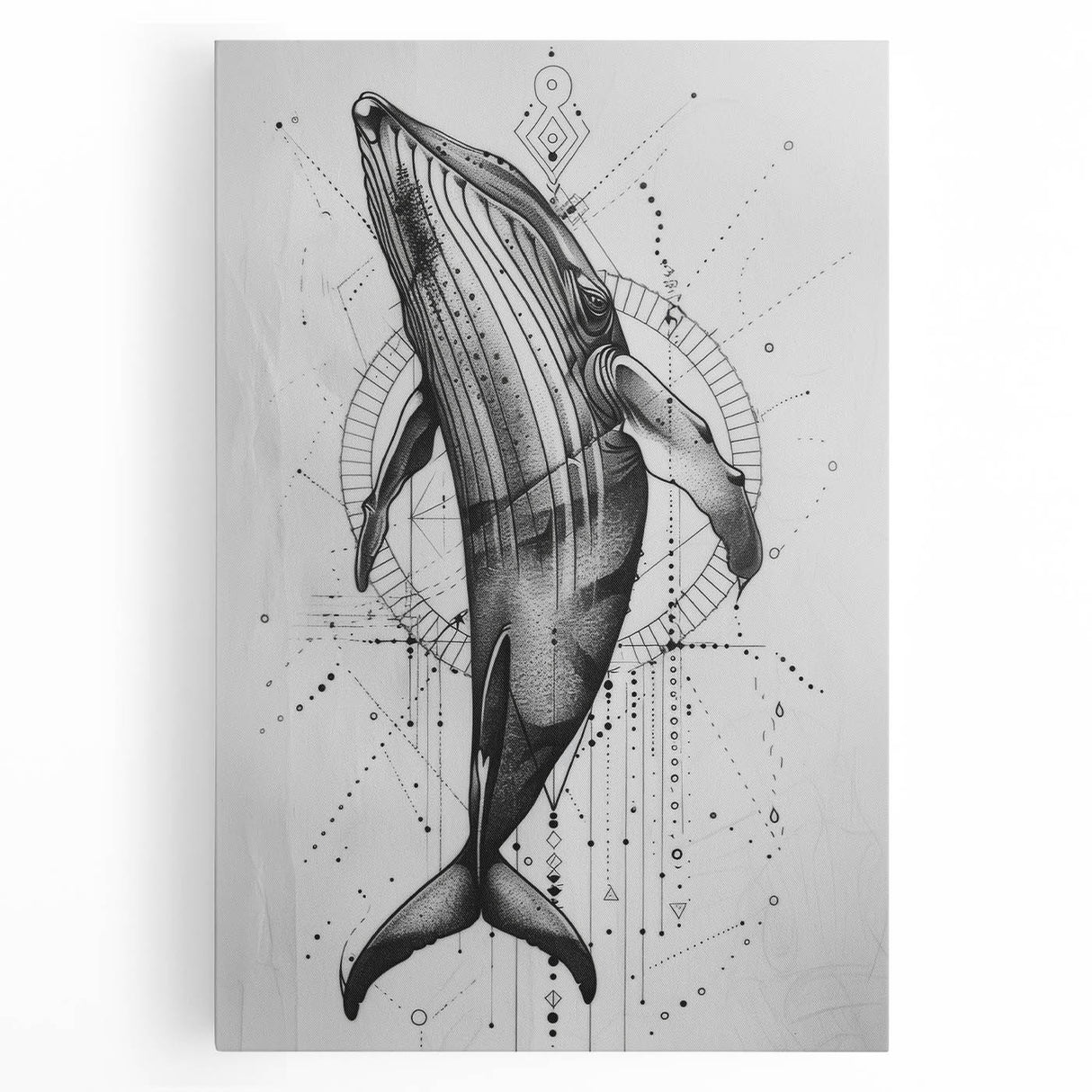 Stretched canvas wall art showcasing a vibrant marine life design featuring a majestic whale against a soothing blue background, perfect for ocean-themed decor.