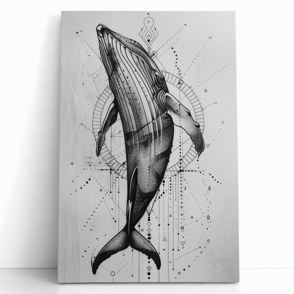 Stretched canvas wall art featuring a vibrant blue whale design, showcasing intricate marine life details against a soft gradient background, perfect for ocean-themed decor.