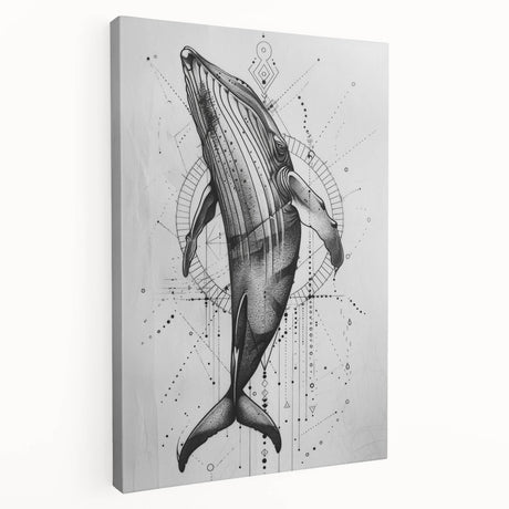 Stretched canvas wall art showcasing a vibrant marine life design, featuring a majestic blue whale swimming amidst colorful coral and sea plants, ideal for ocean-themed decor.