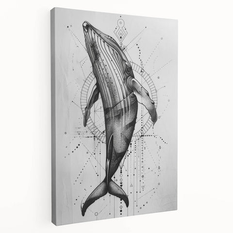 Stretched canvas wall art showcasing a vibrant marine life design, featuring a majestic blue whale swimming amidst colorful coral and sea plants, ideal for ocean-themed decor.