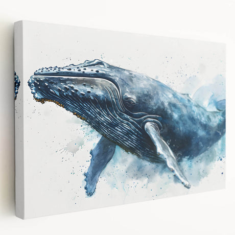 Stretched canvas wall art depicting a majestic whale in vibrant marine colors, showcasing detailed textures and fluid motion, perfect for ocean-themed decor.