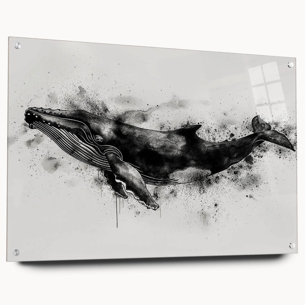 Acrylic glass wall art featuring a vibrant marine life whale design, displayed from a side view with decorative pins, ideal for ocean-themed decor.