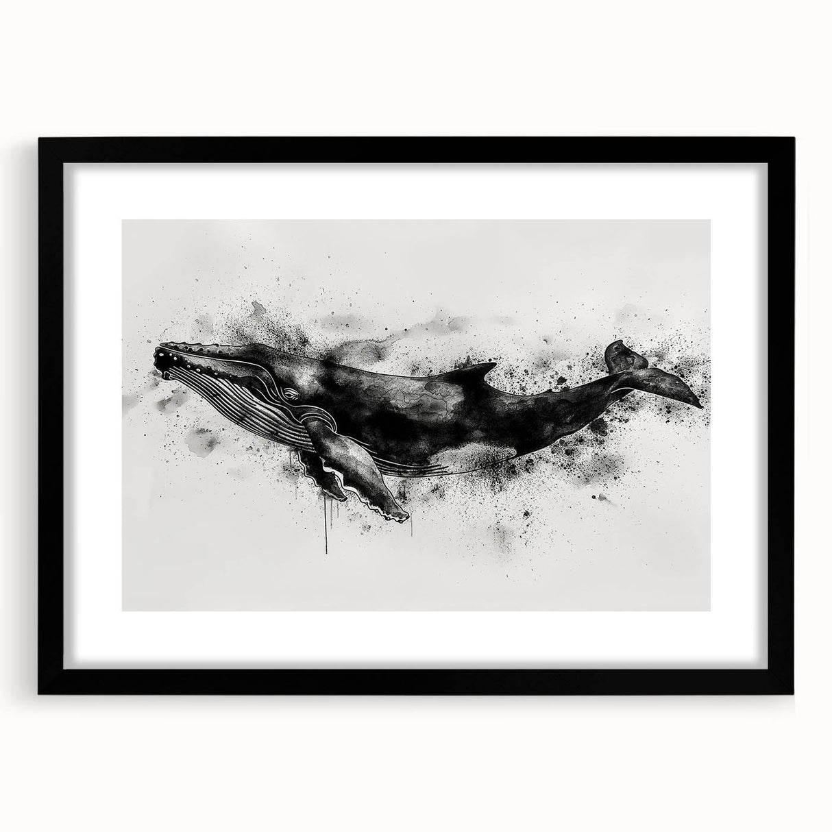 Framed wall art featuring a stunning marine life design showcasing a whale, with a sleek black frame and mat, perfect for ocean-themed decor.