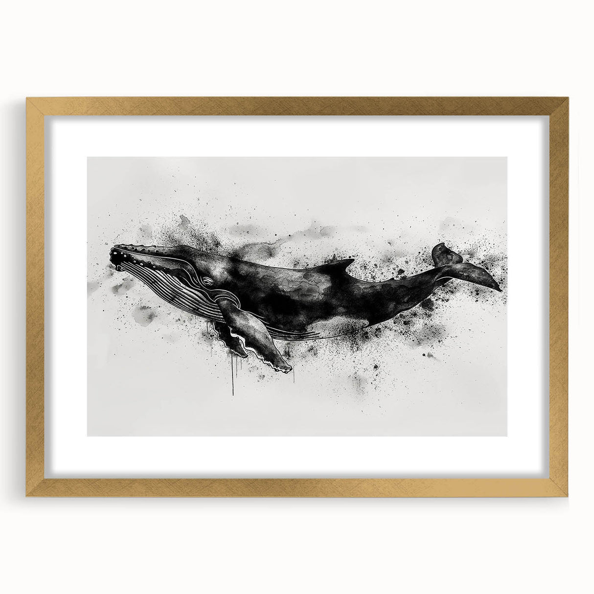 Gold-framed wall art featuring a marine life design with a majestic whale, showcasing intricate details, perfect for ocean-themed decor in living spaces.